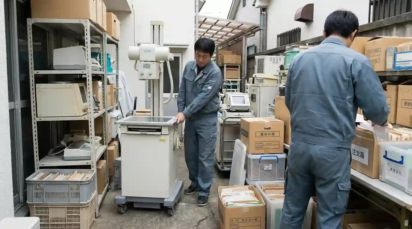 医療機器と書類類を整理しながら搬出準備を進めている様子